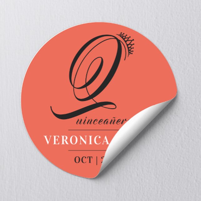 Elegant Tiara Orange Red 15. Quinceañera Name Runder Aufkleber (Von Creator hochgeladen)