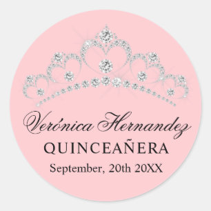 Elegant Tiara Pink Spanisch Quinceañera Quince Runder Aufkleber