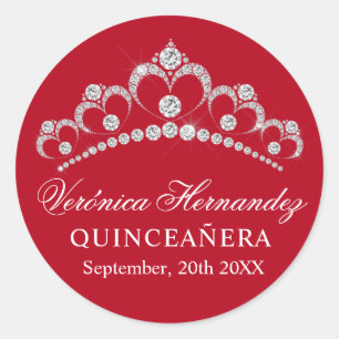 Elegant Tiara Red Spanish Quinceñera Quince Runder Aufkleber