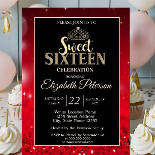 Elegant Tiara, Roter Glitzer Bokeh Sweet 16 Einladung