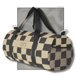Elegant Timeless Name Beige and Dark Check Duffle Bag