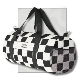 Elegant Timeless Name Black and White Check Duffle Bag