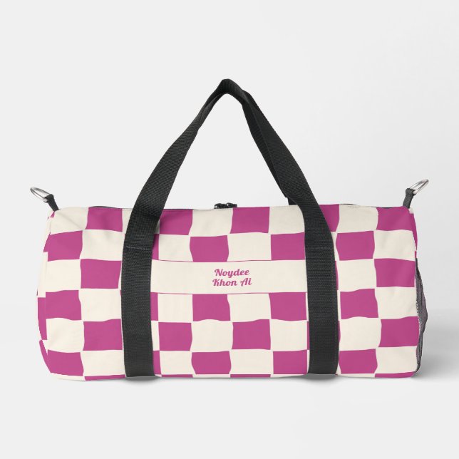 Elegant Timeless Name Purple and Cream Check Duffle Bag (Vorderseite)