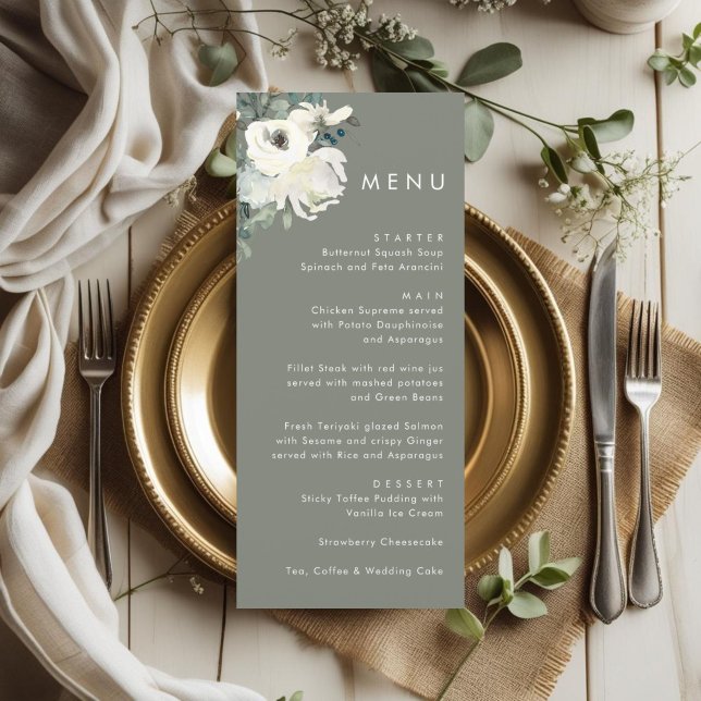 Elegant Timeless Olive Green Floral Wedding  Menükarte (Von Creator hochgeladen)