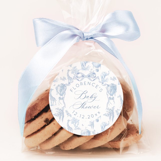 Elegant Toile de Jouy Safari Blue Baby Dusche Runder Aufkleber (Von Creator hochgeladen)