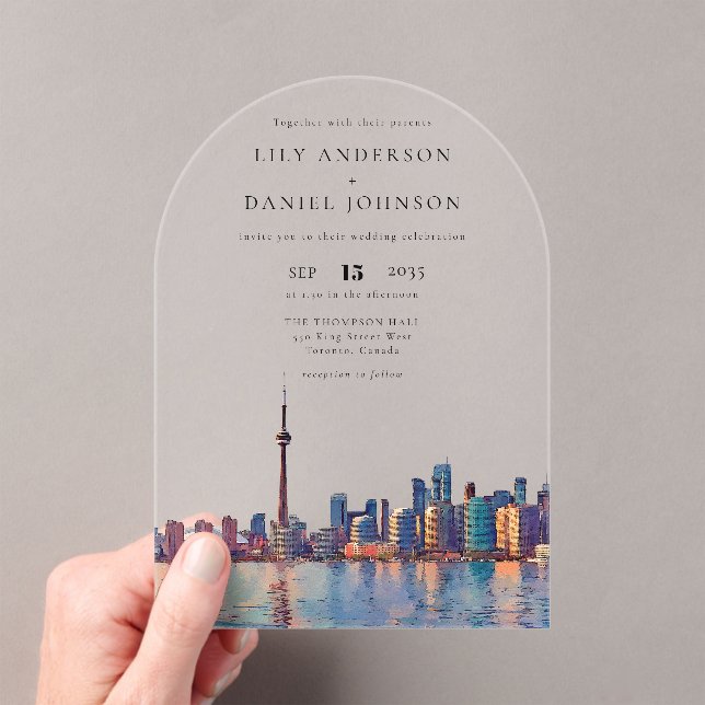 Elegant Toronto Skyline Watercolor Wedding Arch Acryleinladungen (Insitu (Handheld))