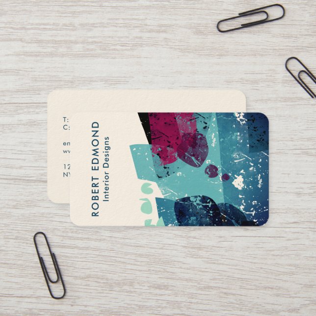 Elegant Torquoise Blue und Burgundy Abstrakt QR Visitenkarte (Vorderseite/Rückseite Beispiel)