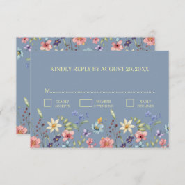 Elegant Traditiona Floral Dusty Blue Wedding RSVP