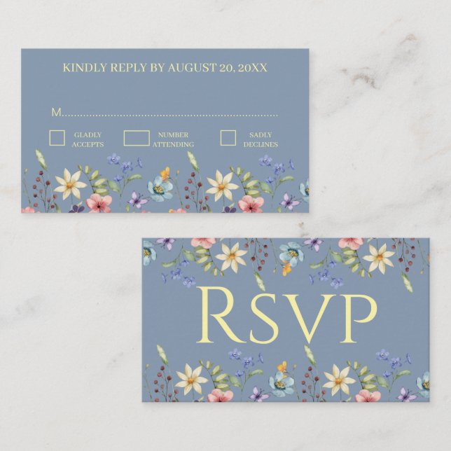 Elegant Traditiona Floral Dusty Blue Wedding RSVP Begleitkarte (Vorne/Hinten)