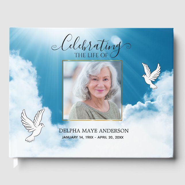 Elegant Traditional Blue and White Dove Memorial  Gästebuch (Vorderseite)