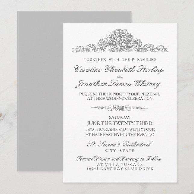 Elegant Traditional | Versailles Gray Wedding Einladung (Vorne/Hinten)