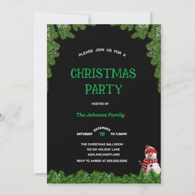 Elegant tree pine CHRISTMAS PARTY Black green   Einladung (Vorderseite)