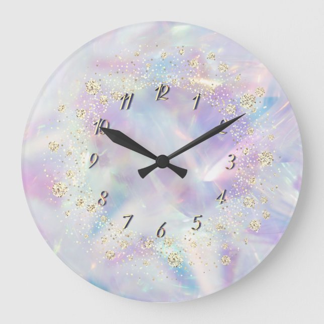 Elegant Trendy Confetti Rainbow Cool Holographic Große Wanduhr (Vorderseite)