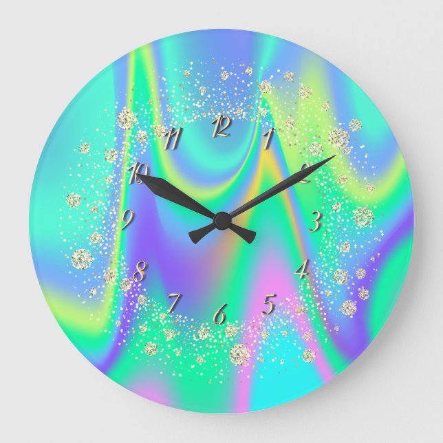 Elegant Trendy Confetti Rainbow Holographic Große Wanduhr (Vorderseite)