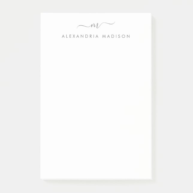 Elegant Trendy Girly Script Silver Gray Monogram Post-it Klebezettel (Vorderseite)