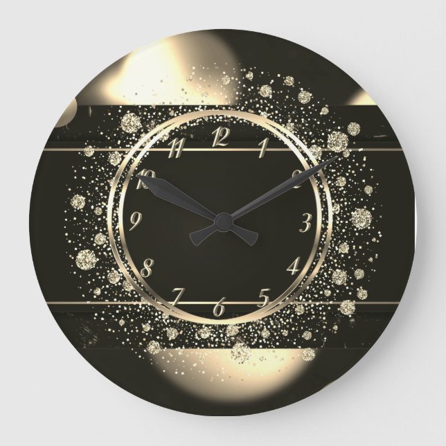 Elegant Trendy Gold Confetti Dotts Black Große Wanduhr (Vorderseite)