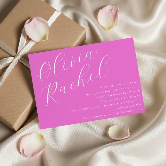 Elegant Trendy Hot Pink Script Minimal Bat Mitzvah Einladung (Von Creator hochgeladen)