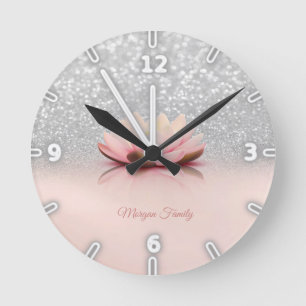 Elegant trendy Mädchenhaft, Lotus Silber Glitter B Runde Wanduhr