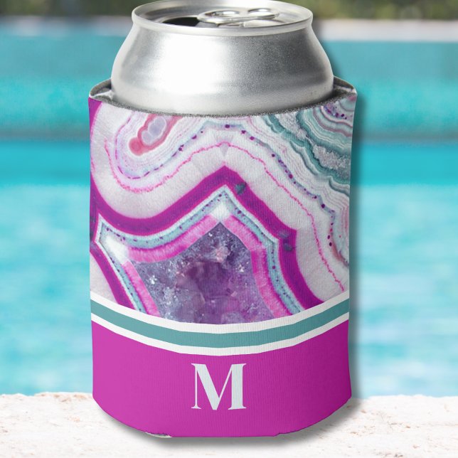 Elegant Trendy Modern Initial Monogram Dosenkühler (Chic Modern Teal Fuchsia Agate Stone Monogram Can)