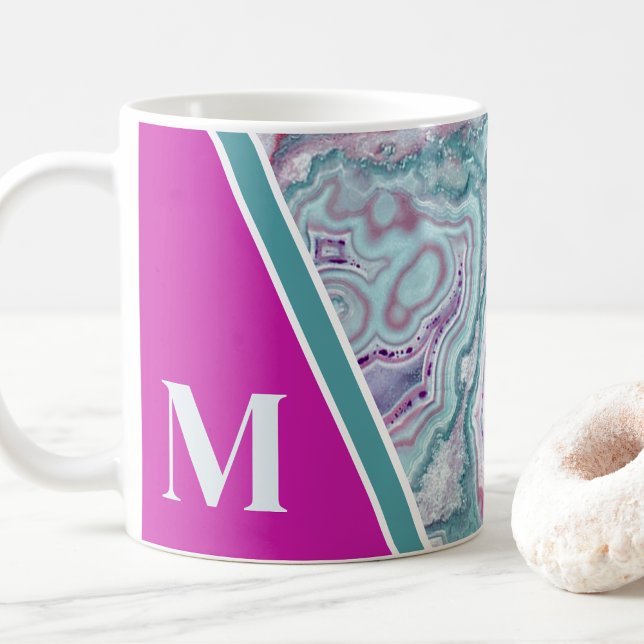 Elegant Trendy Monogram Initial Kaffeetasse (Girly Elegant Teal Fuchsia Agate Monogram Initial Coffee Mug)