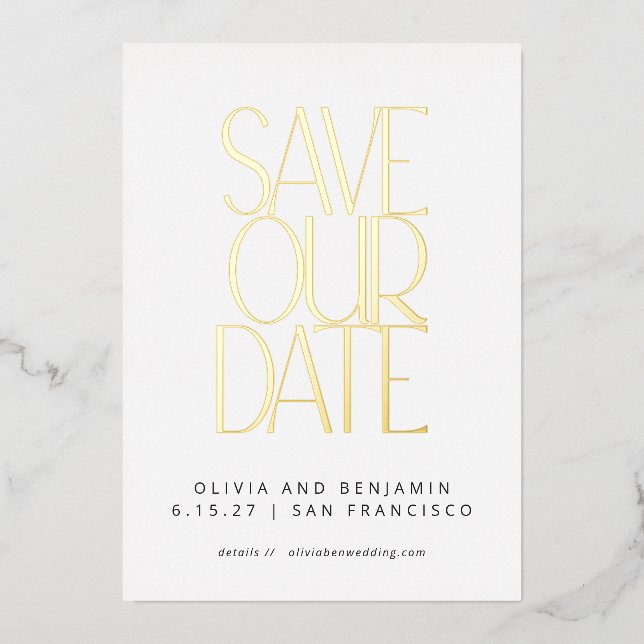 Elegant Trendy White und Gold Save the Date Folieneinladung (Vorderseite)
