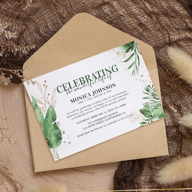 Elegant Tropical Botanical Greenery & Gold Beerdig Einladung (Von Creator hochgeladen)