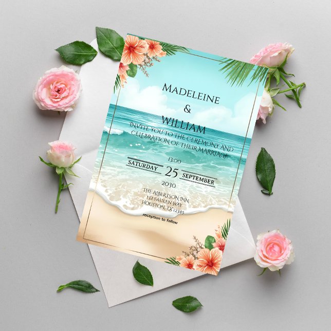 Elegant Tropical Coastal Hawaiian Beach Wedding Einladung (Von Creator hochgeladen)