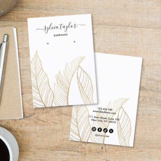 Elegant Tropical Earring Frame Display Add Logo Visitenkarte (hand made earring display card with gold tropical leaves)