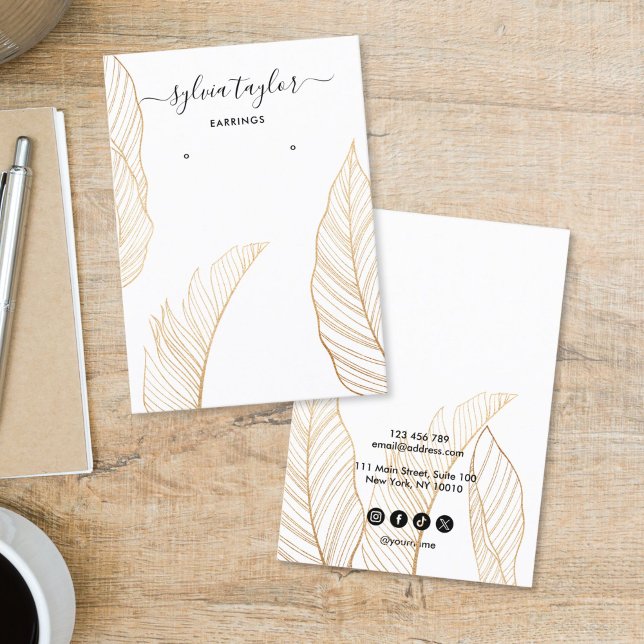 Elegant Tropical Earring Frame Display Add Logo Visitenkarte (GOLD TROPICAL LEAVES, EARRING DISPLAY CARD)