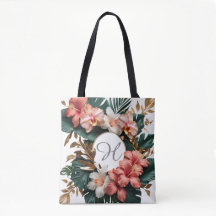 Elegant Tropical Floral Monogram Tote Bag