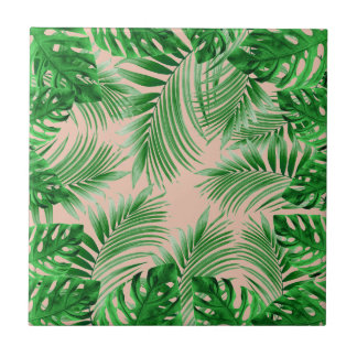 Elegant Tropical green palm leaves pattern pink ba Fliese