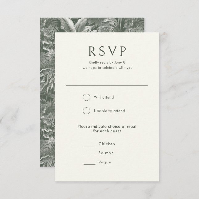 Elegant Tropical Green Vintage Style Wedding RSVP Karte (Vorne/Hinten)