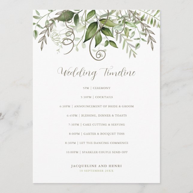 Elegant Tropical Greenerenerity Wedding Timeline Programm (Vorderseite)