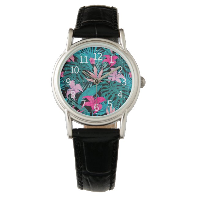 Elegant Tropical Hibiscus Flowers and Leaves Wird Armbanduhr (Vorderseite)