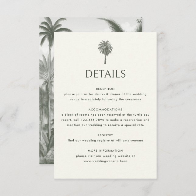 Elegant Tropical Vintage Palm Wedding Details Begleitkarte (Vorne/Hinten)