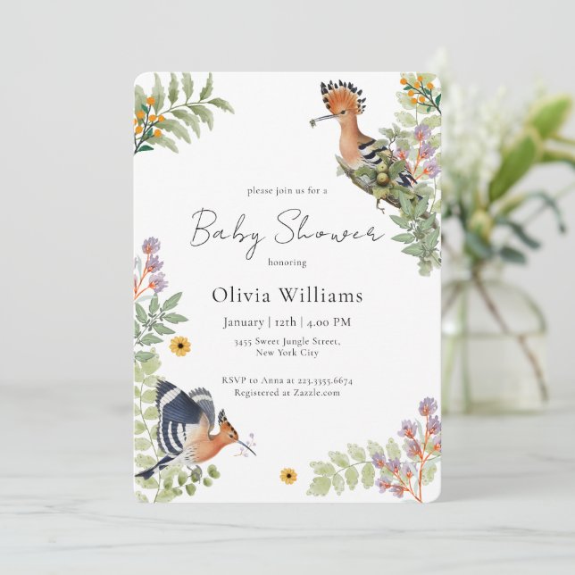 Elegant Tropical Wildflower Birds Baby Shower Einladung (Stehend Vorderseite)