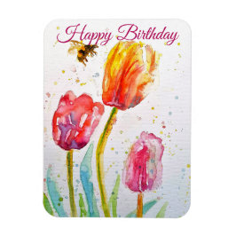 Elegant Tulip and Bee Watercolour Birthday Card Magnet