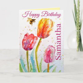 Elegant Tulip and Bee Watercolour Womans Name Karte