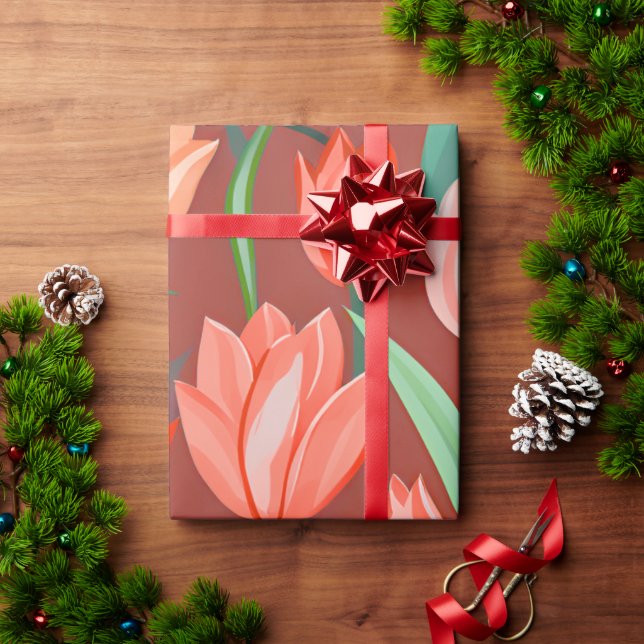 Elegant Tulip Floral Pattern – Red & Peach Spring  Geschenkpapier (Feiertagsgeschenk)