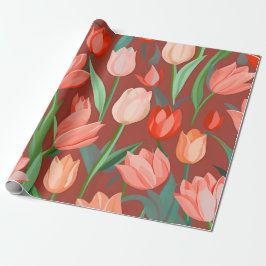 Elegant Tulip Floral Pattern – Red & Peach Spring  Geschenkpapier