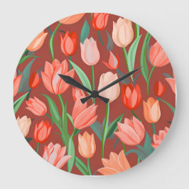 Elegant Tulip Floral Pattern – Red & Peach Spring  Große Wanduhr