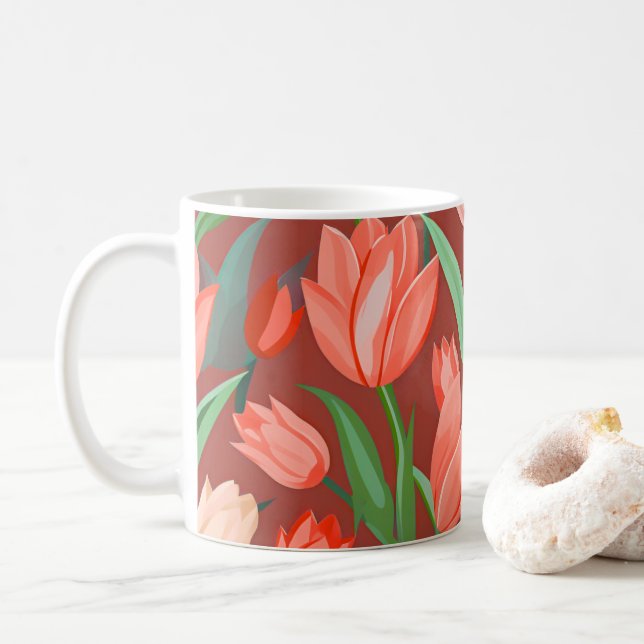 Elegant Tulip Floral Pattern – Red & Peach Spring  Kaffeetasse (Mit Donut)