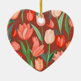 Elegant Tulip Floral Pattern – Red & Peach Spring  Keramik Ornament