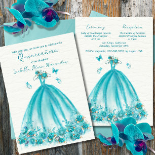 Elegant Türkis Floral Butterflies Quinceañera Einladung