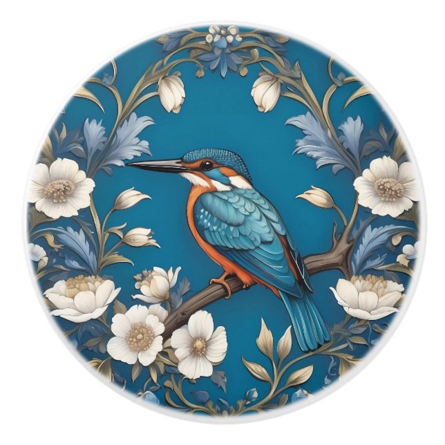 Elegant Türkis Kingfisher Bird Floral Keramikknauf (Vorderseite)