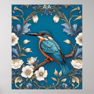 Elegant Türkis Kingfisher Bird Floral Poster