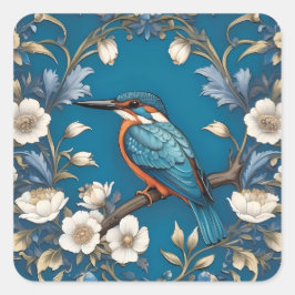 Elegant Türkis Kingfisher Bird Floral Quadratischer Aufkleber