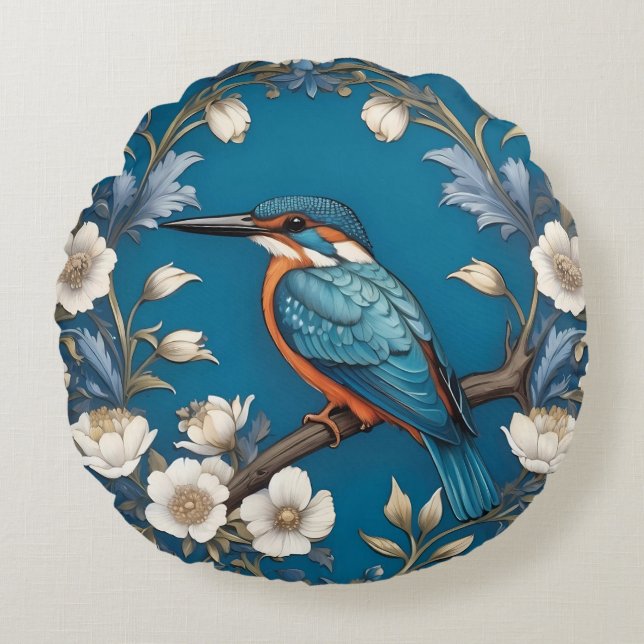 Elegant Türkis Kingfisher Bird Floral Rundes Kissen (Vorderseite)