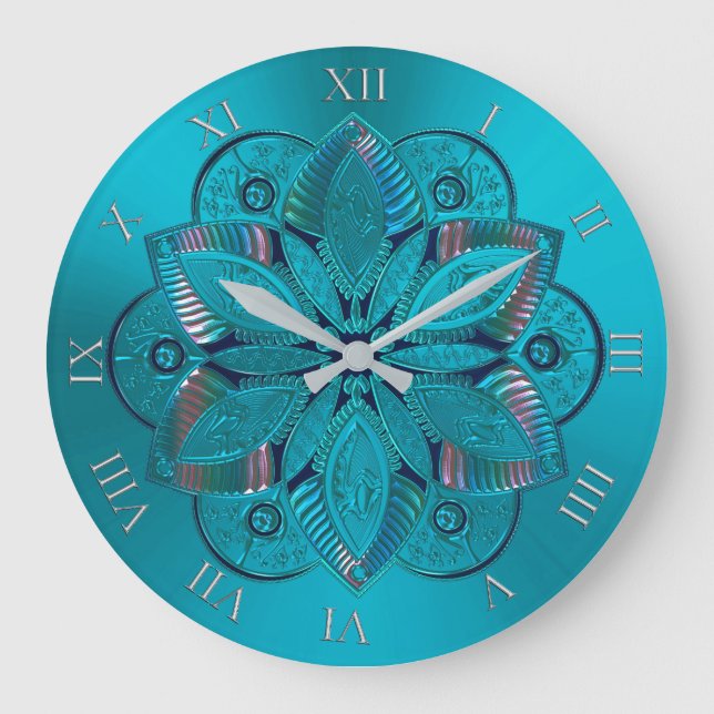 Elegant Türkise Metallic Mandala Clock Große Wanduhr (Vorderseite)