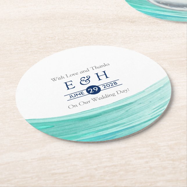 Elegant türkise Tides Beach Wedding Runder Pappuntersetzer (Angewinkelt)